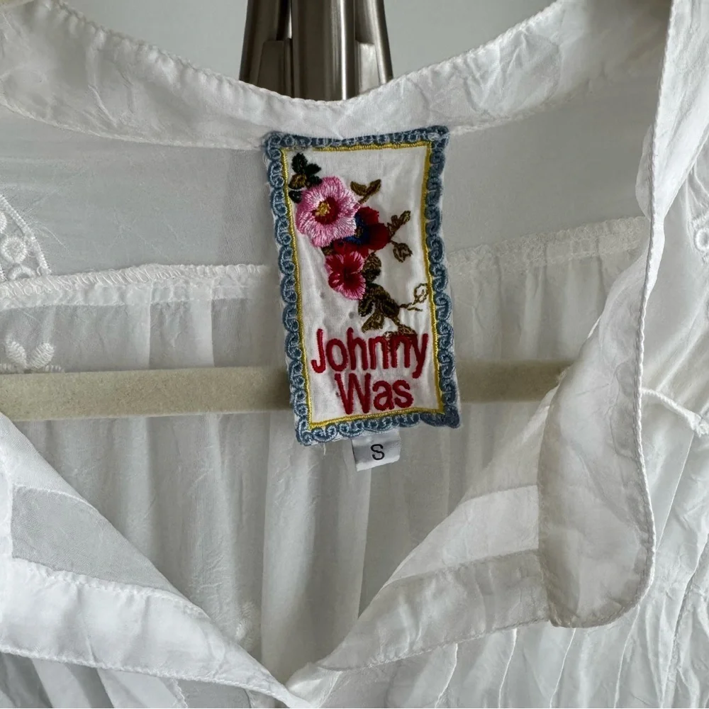 Johnny Was White The Pintuck Vine Embroidered Boho Blouse Tunic Small
